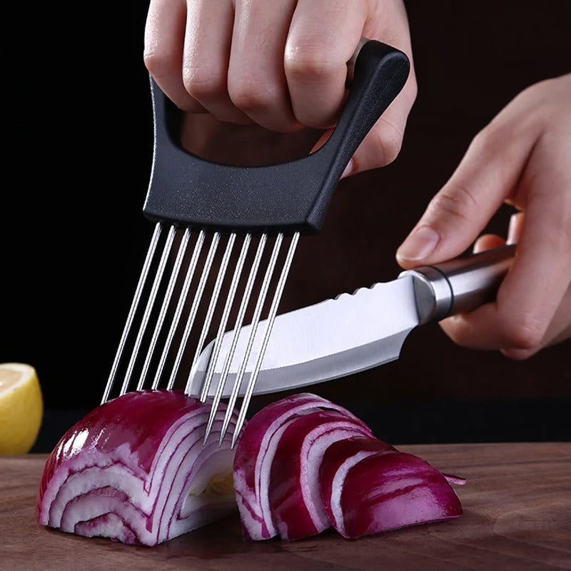 Stainless steel onion and tomato slicer holder kitchen gadget for safe vegetable cutting