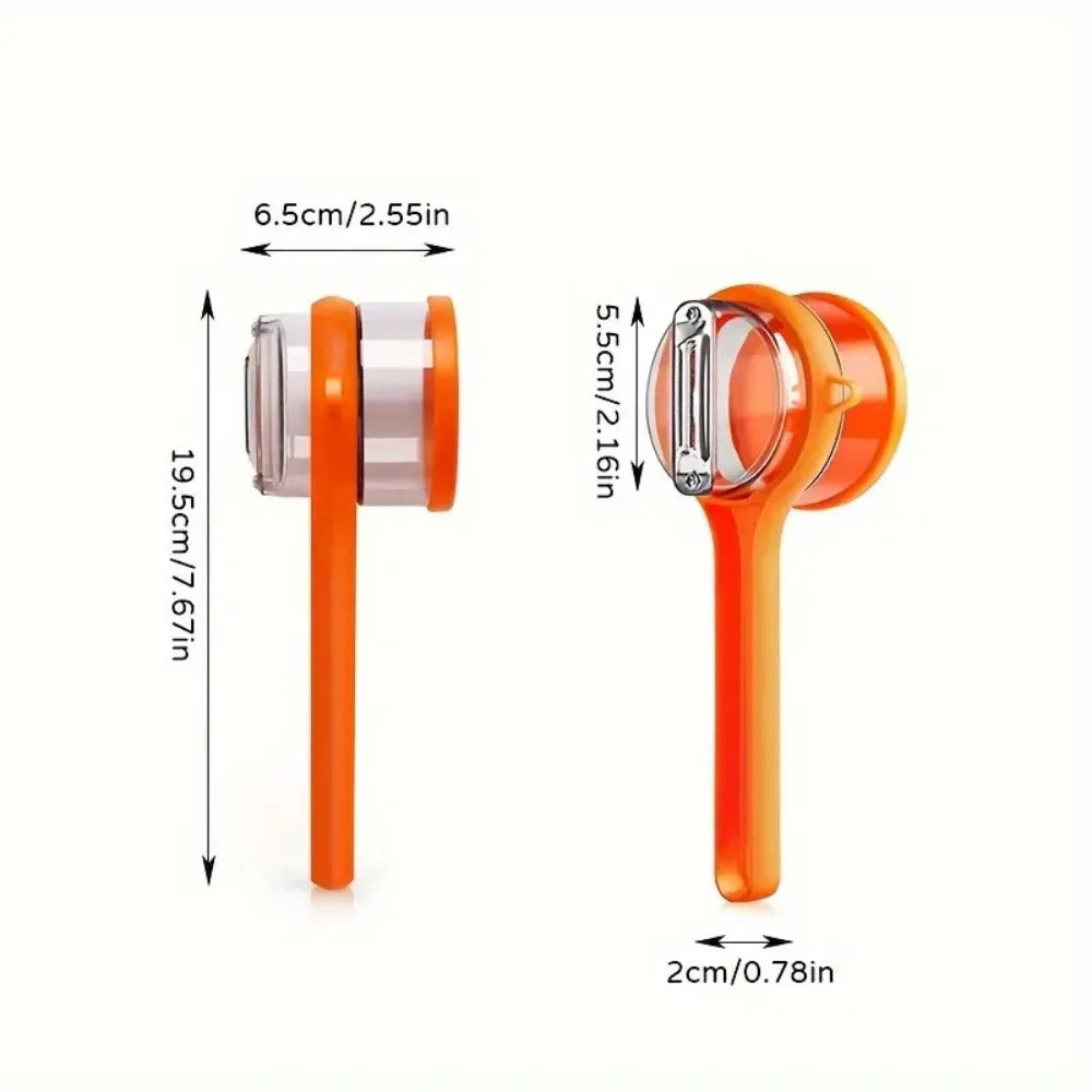 The Double-Sided Stainless Steel Peeler with Storage Box is an orange, ergonomic kitchen tool with a transparent blade guard, shown from side and front angles. Size: 19.5cm long, 6.5cm/5.5cm high, 2cm wide—ideal for prepping fruits and veggies.