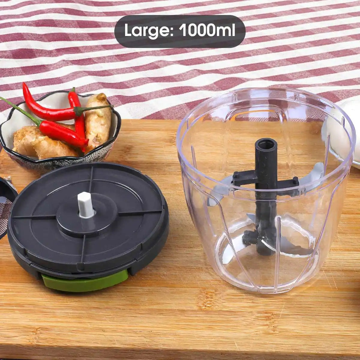 Manual food chopper with sharp stainless steel blades for vegetables and meat