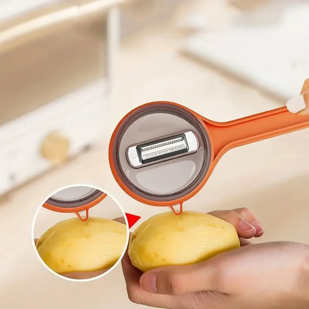 Orange vegetable peeler being used to peel a potato with a close-up inset showing the peeling action.
